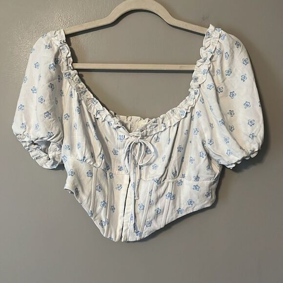 New! LA Hearts Linen Blend Floral Corset Top White & Blue Ruffles Size M - Picture 1 of 10